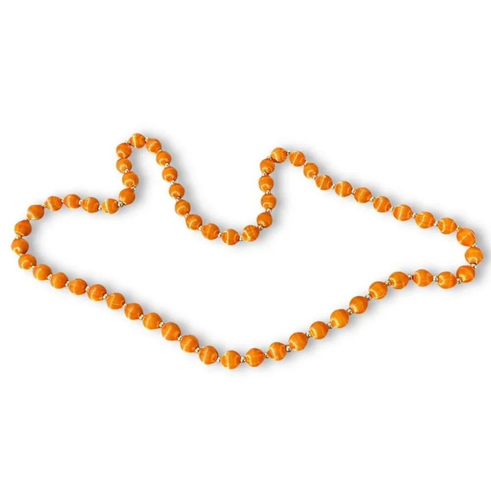 Vintage Orange Silk Satin Wrapped Bead Necklace 30”+ Gold Tone Spacer 70s 80s - Picture 3 of 3
